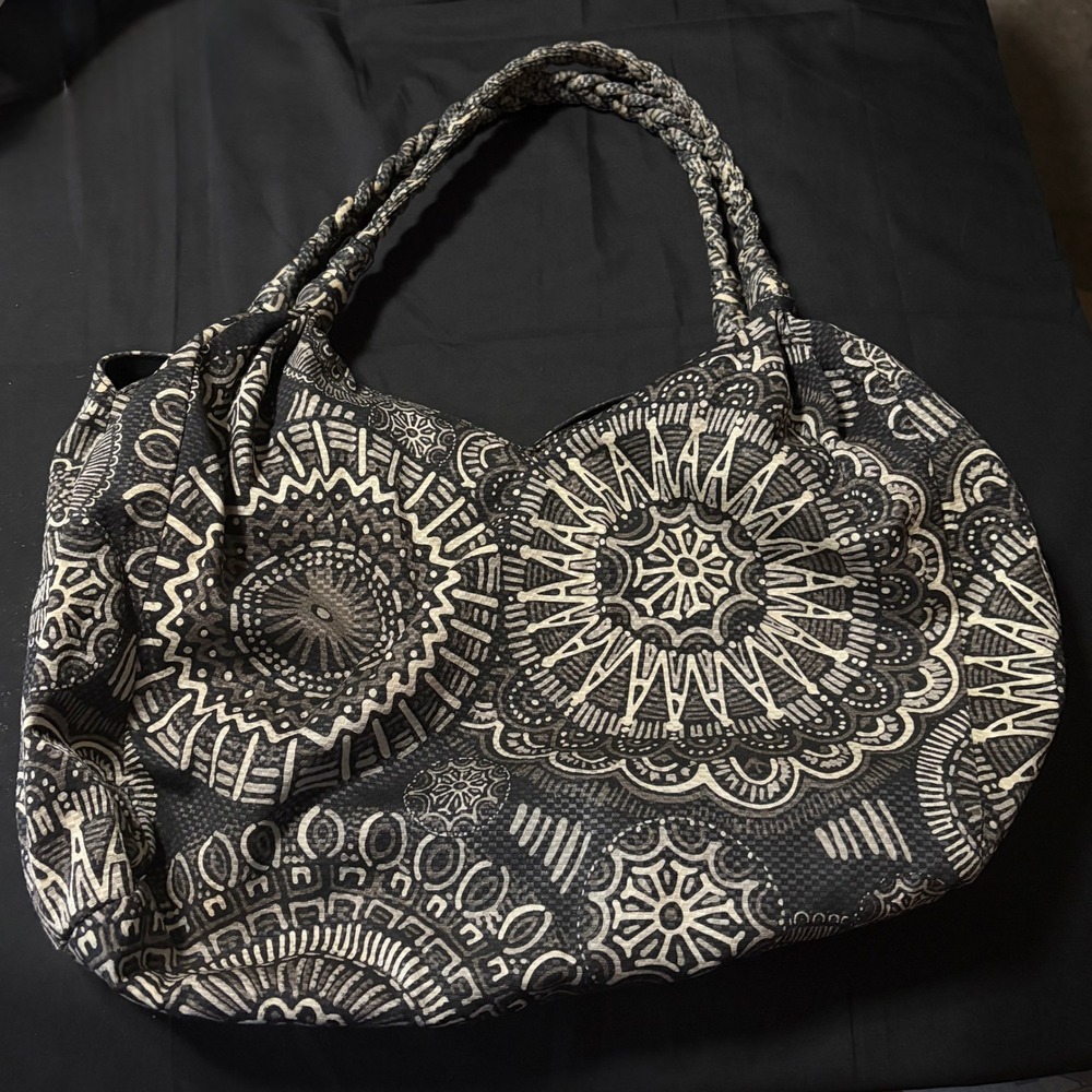 Old Navy Black White Boho Hobo Shoulder Bag Mandala Print Braided Strap Tote